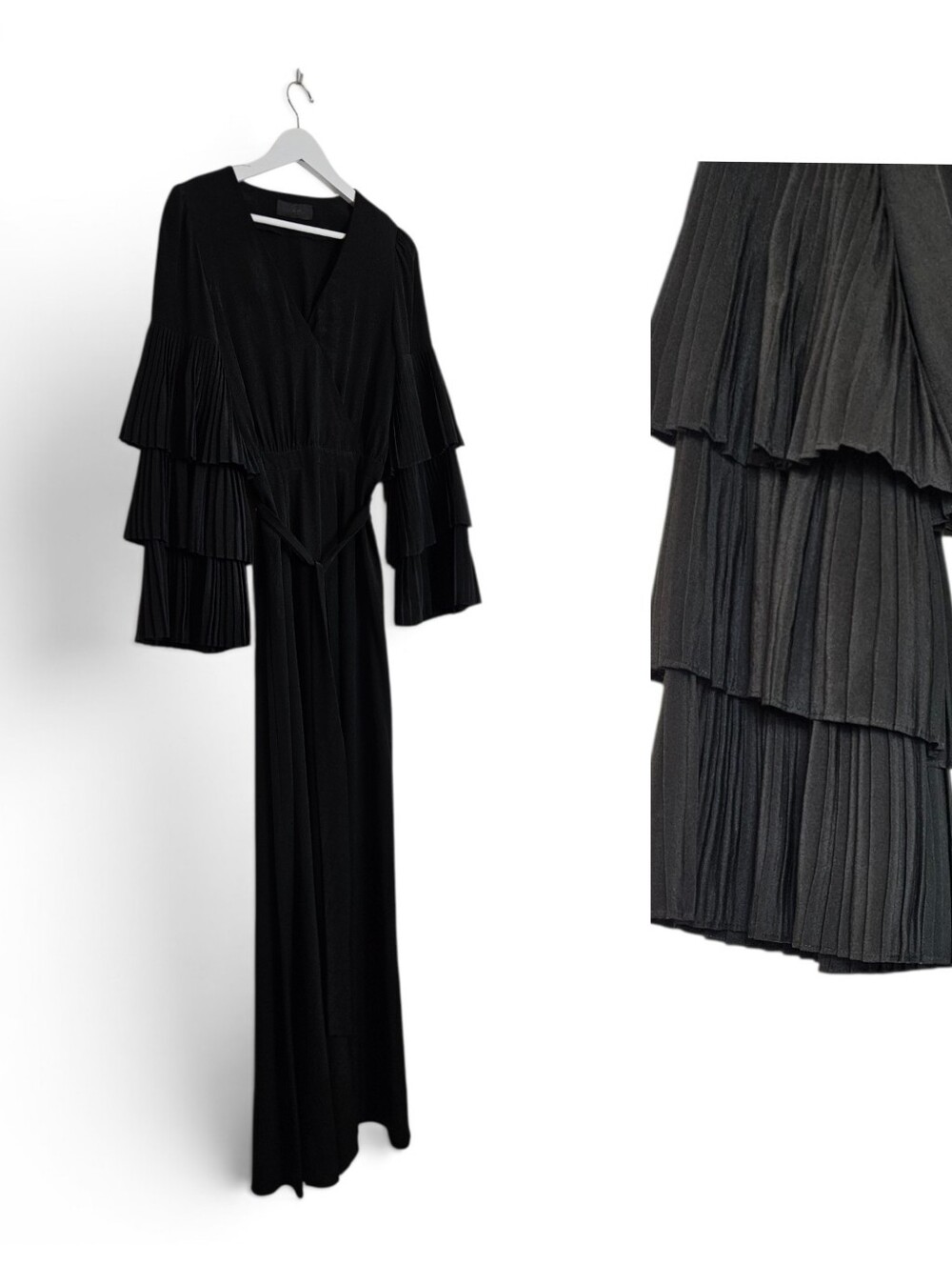 CO Collections Maxi Dress S 100% Silk Plisse Pleated Ruffle Sleeve Black Designe
